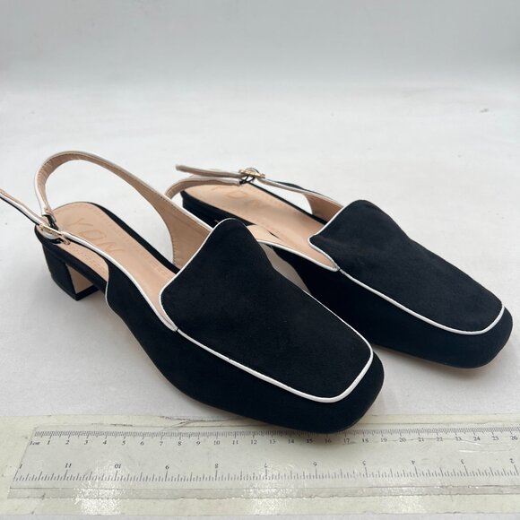 YDN Black Suede Square Toe Block Low Heels Slingback Formal Loafer Dressy Pump - Picture 4 of 8
